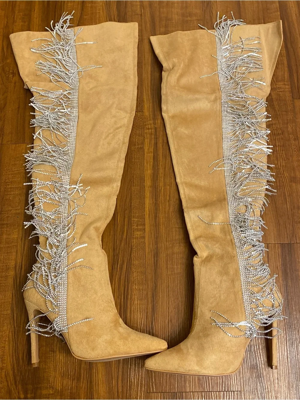 New Cape Robbin Tan Suede Over-the-Knee Boots with Crystal Fringe